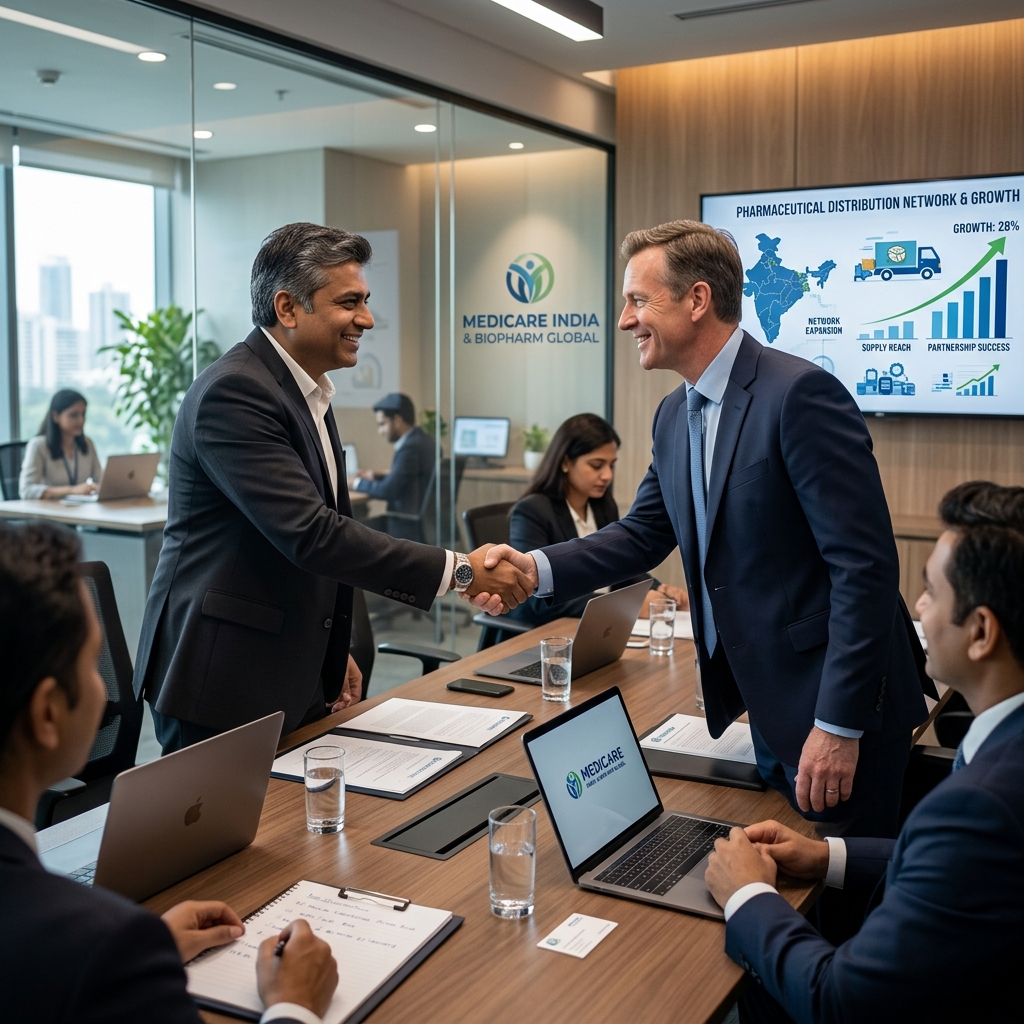 Pharmaceutical Partnership Handshake in Corporate Office
